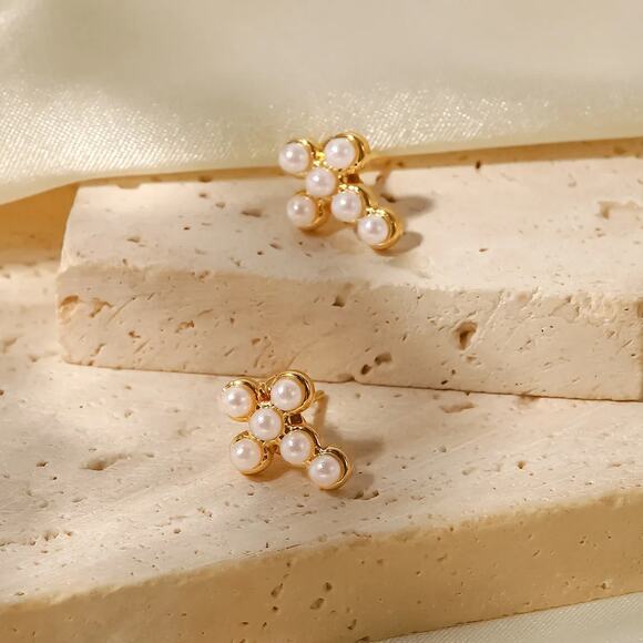 Pearl Cross Stud Earrings 18K Gold Plated Minimalist - Picture 3 of 6